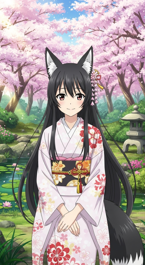 Otome Youkai Zakuro anime girl in kimono with fox ears under cherry blossoms