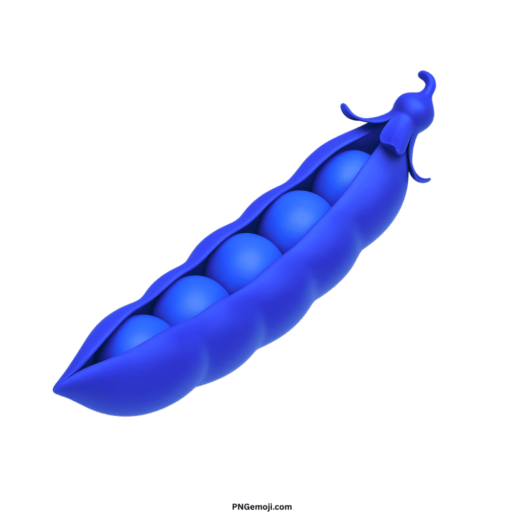 A vibrant blue 3D pea pod emoji with five peas inside on a dark green background.
