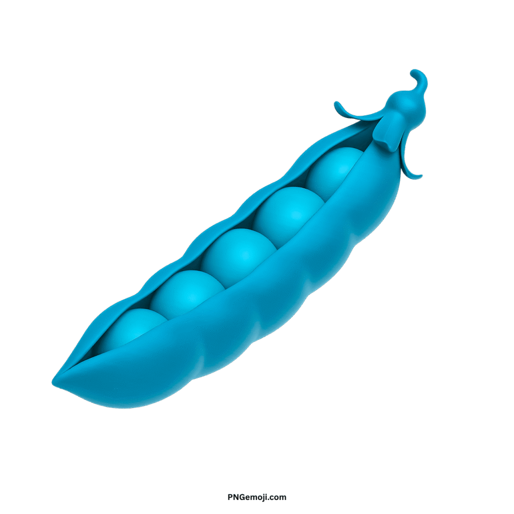 A refreshing cyan 3D pea pod emoji with five peas inside on a dark green background.