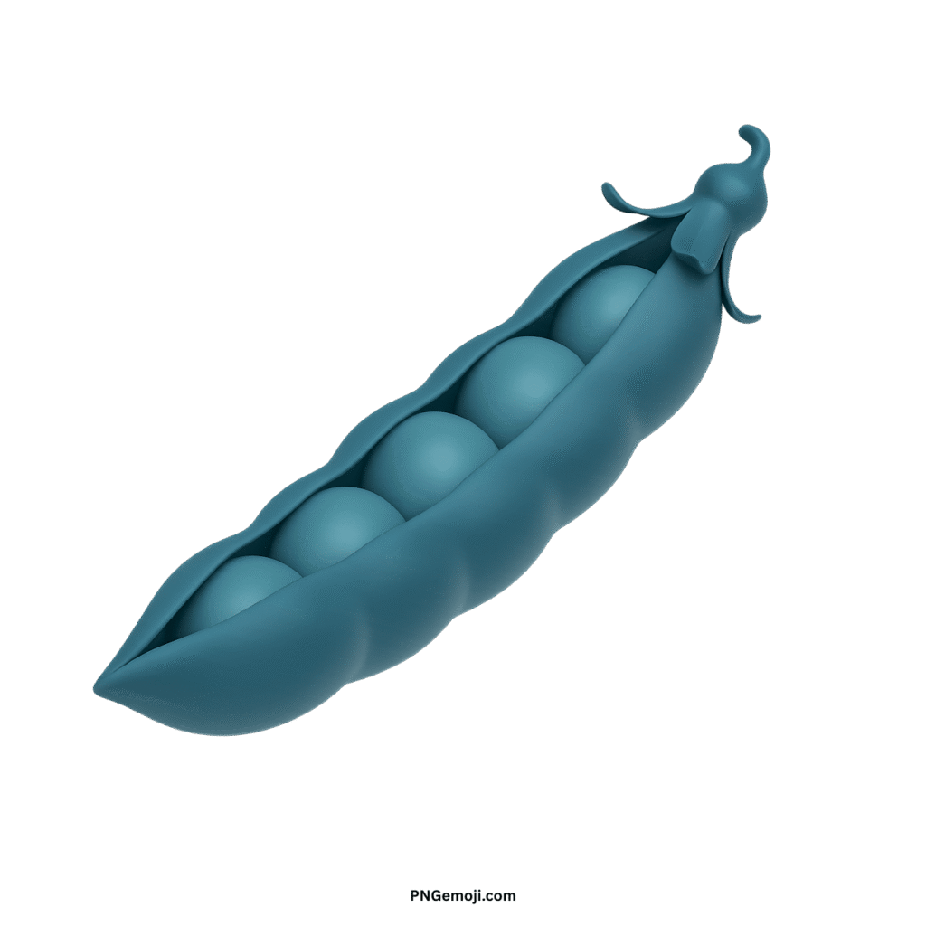  A sophisticated dark cyan 3D pea pod emoji with five peas inside on a dark green background.