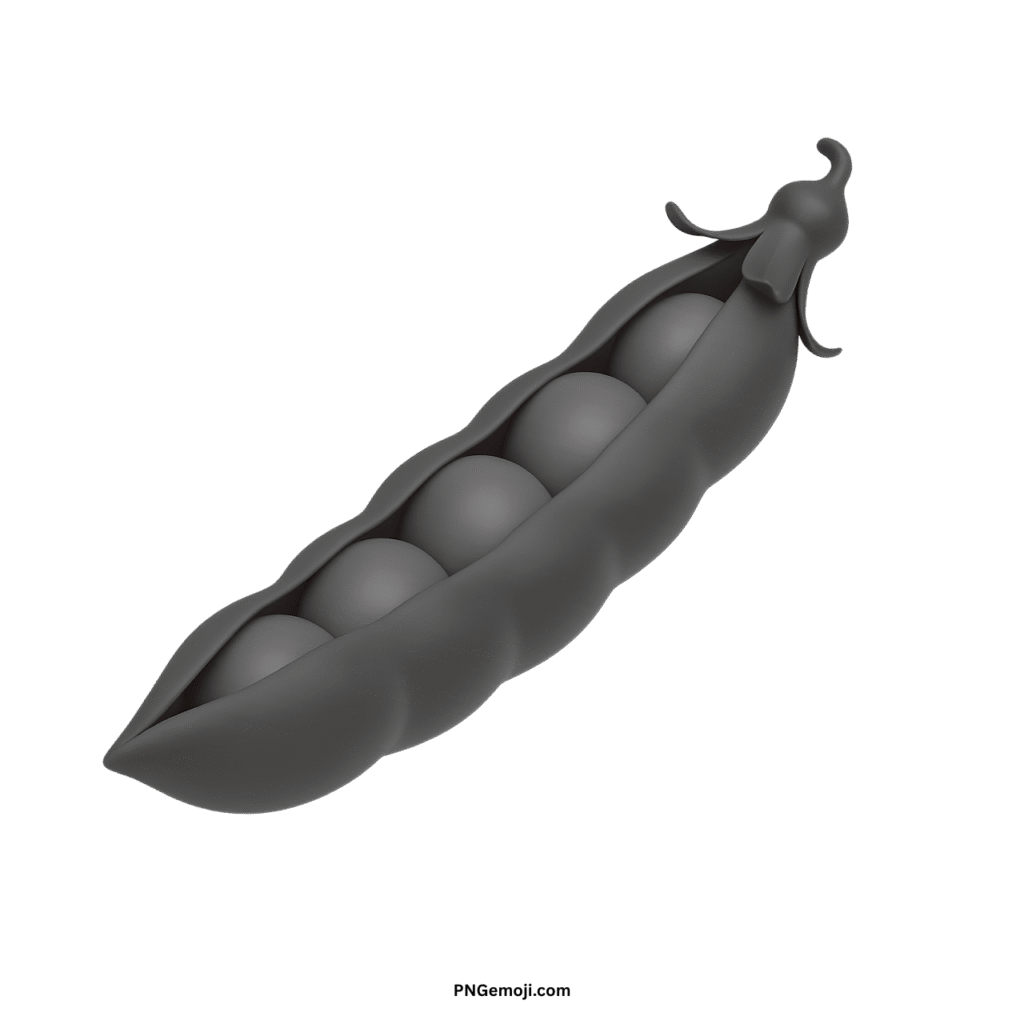 A sleek dark gray 3D pea pod emoji with five peas inside on a dark green background.