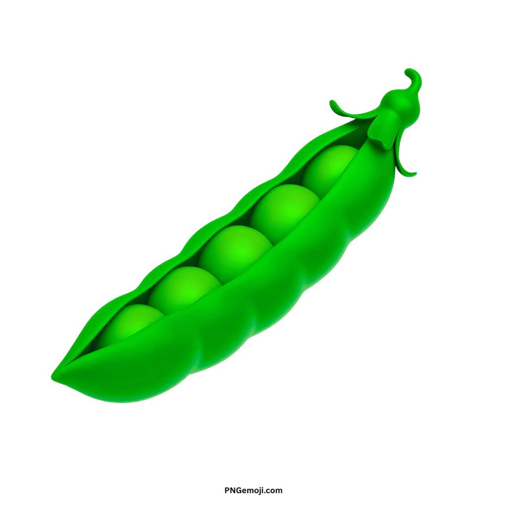  A classic green 3D pea pod emoji with five bright green peas inside on a dark green background.