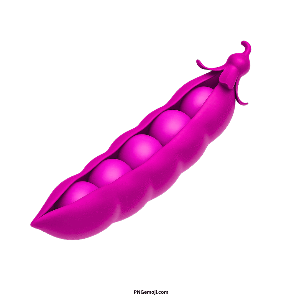 A vibrant magenta 3D pea pod emoji with five peas inside on a dark green background.