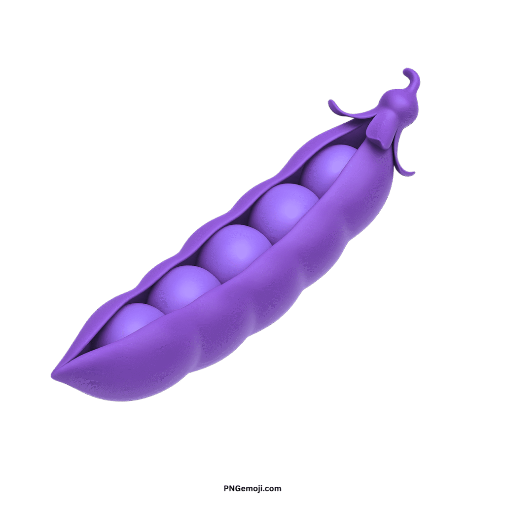 A charming purple 3D pea pod emoji with five peas inside on a dark green background.