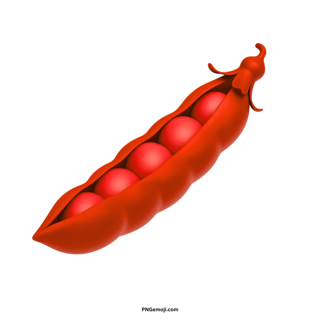 A striking red 3D pea pod emoji with five red peas inside on a dark green background.