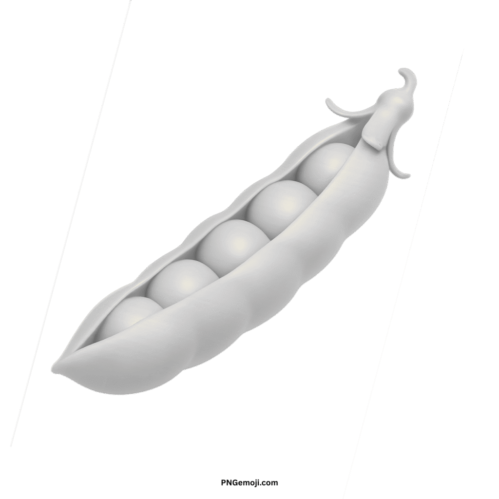 A pristine white 3D pea pod emoji with five peas inside on a dark green background.