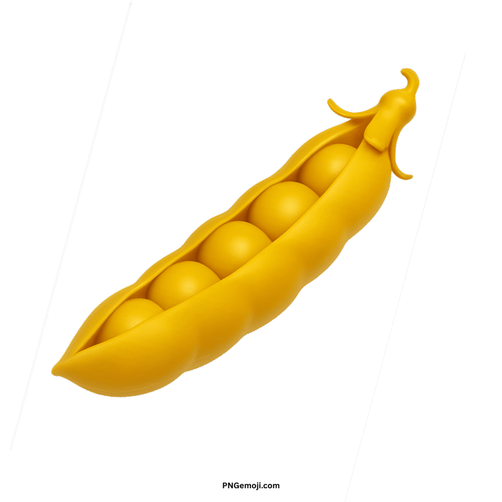  A cheerful yellow 3D pea pod emoji with five peas inside on a dark green background.
