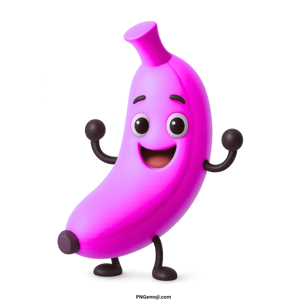 Pink banana emoji cartoon character smiling with big happy eyes and playful pose on transparent background