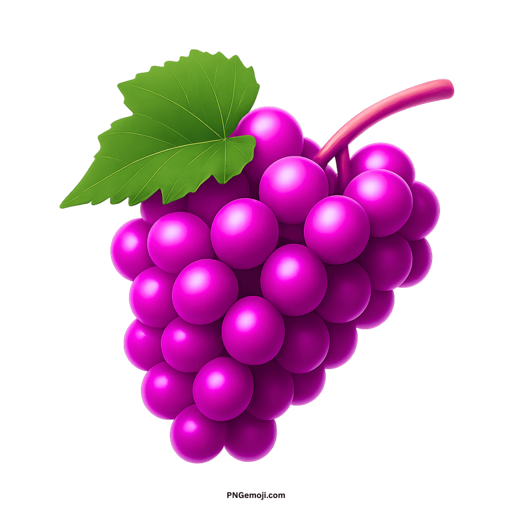 A vibrant pink grape emoji with a bright green leaf and matching pink stem on a black background.