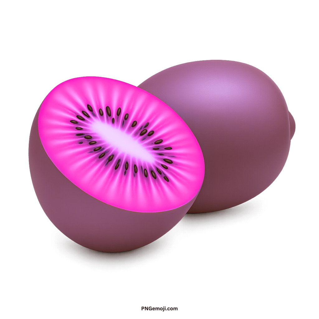 Pink kiwi fruit PNG with sliced bright pink flesh and black seeds isolated background