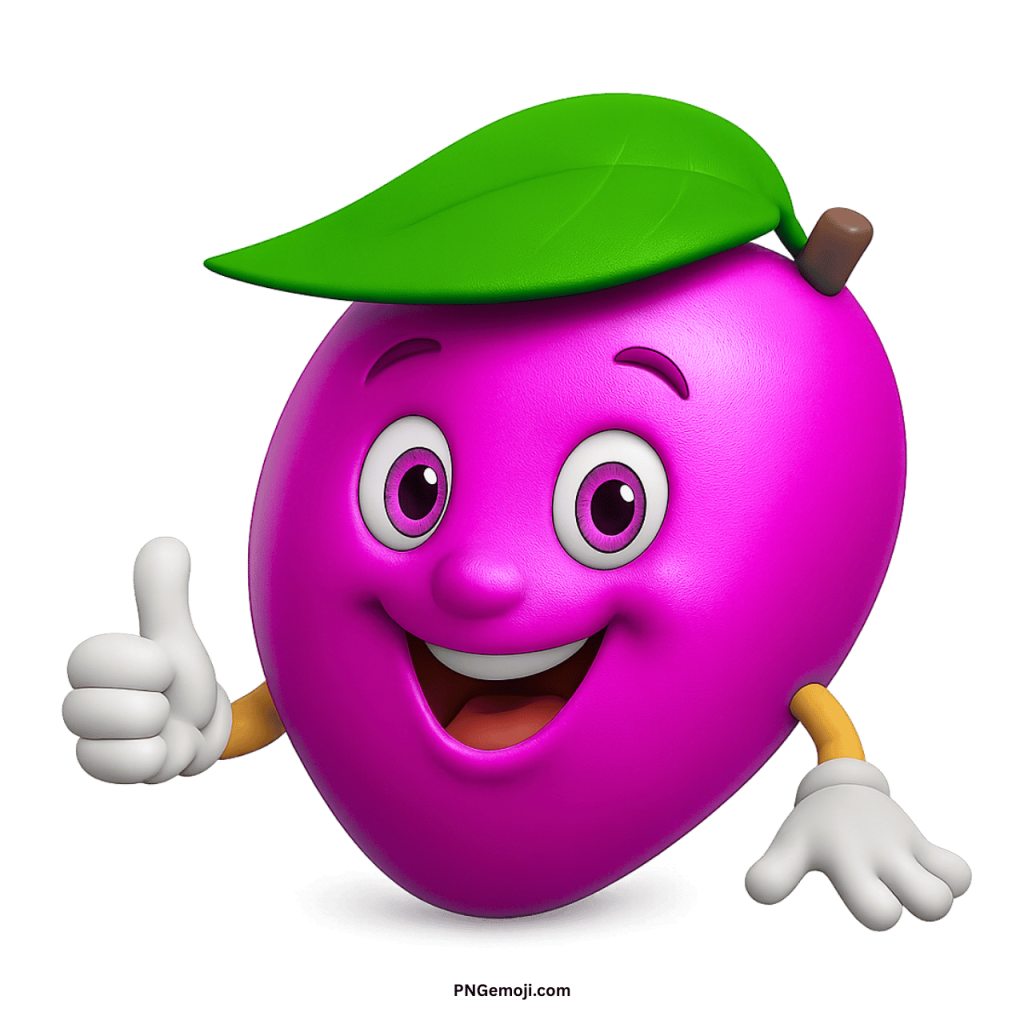 Smiling pink mango emoji cartoon fruit character with green leaf giving thumbs up PNG