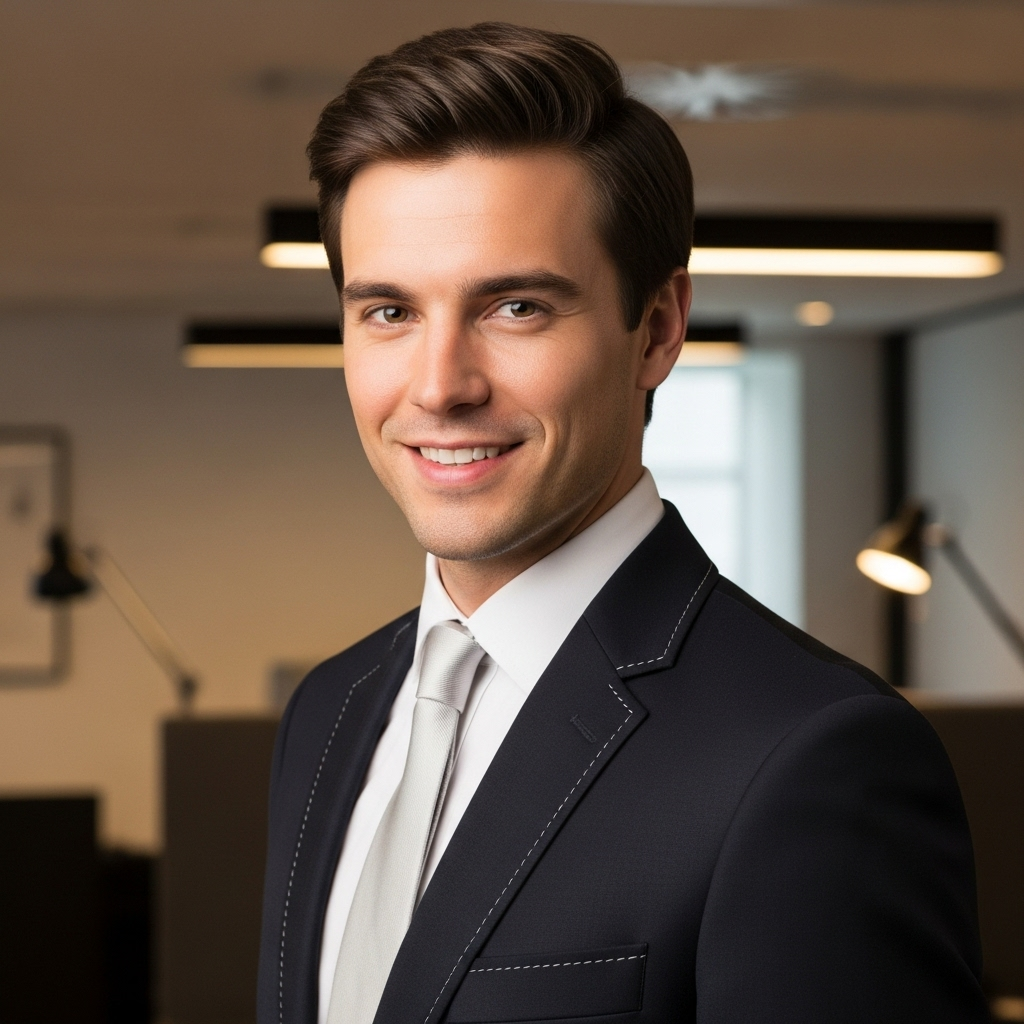 Handsome young businessman in navy suit smiling confidently in modern office environment.