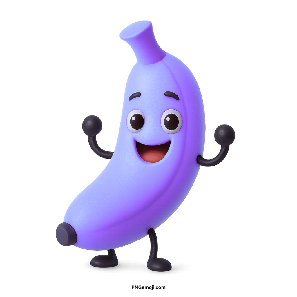 Purple banana emoji cartoon character smiling with big eyes and cheerful pose on transparent background