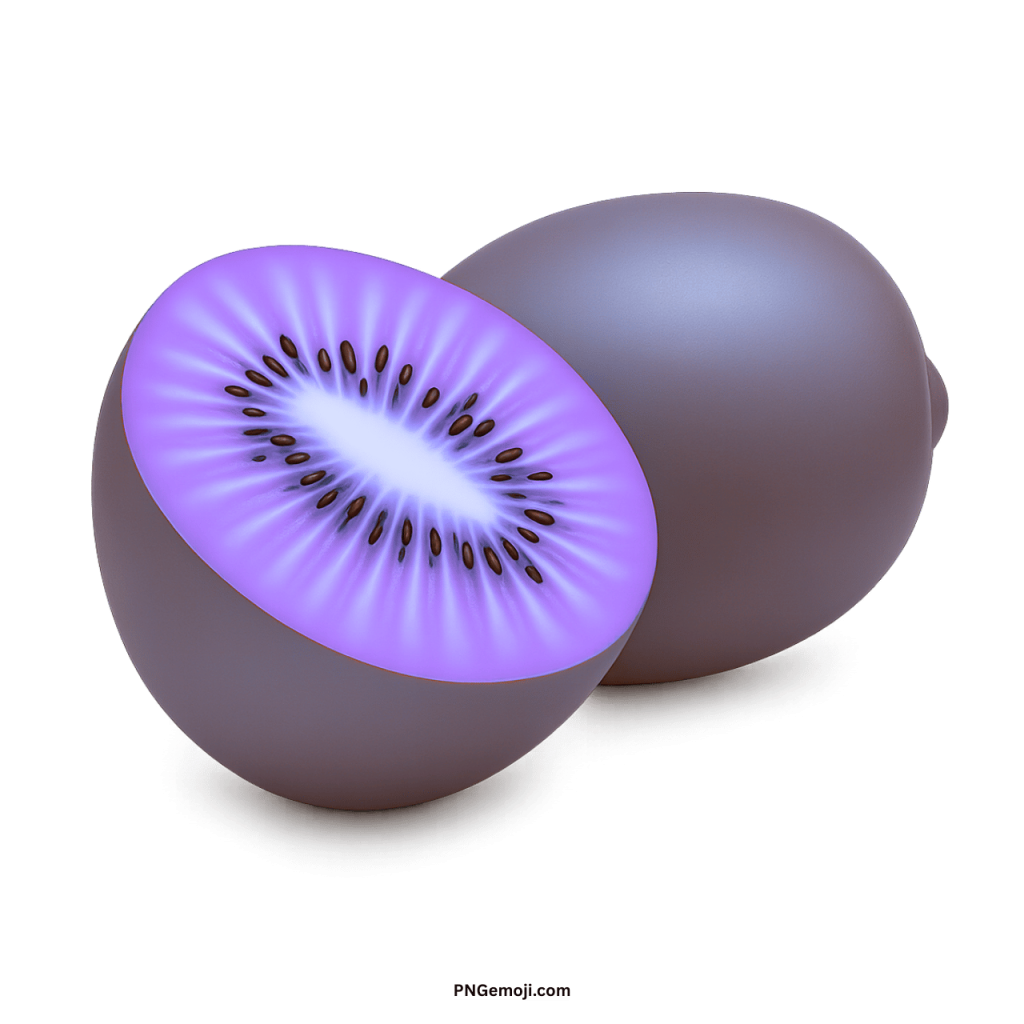 Purple kiwi fruit PNG with sliced violet flesh and dark seeds on transparent background