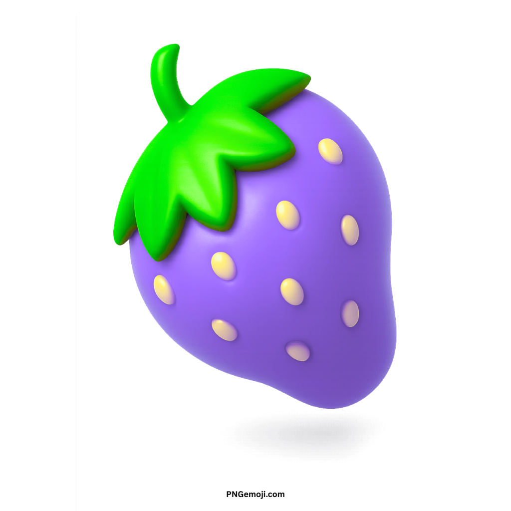 Whimsical 3D rendered purple strawberry emoji with green stem and yellow seeds.