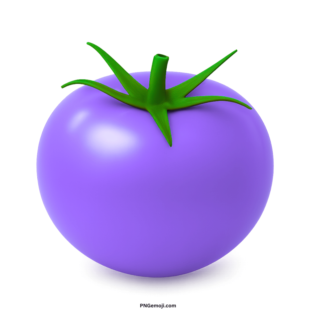 A rendered image of a vibrant purple tomato with a green stem on a dark background.