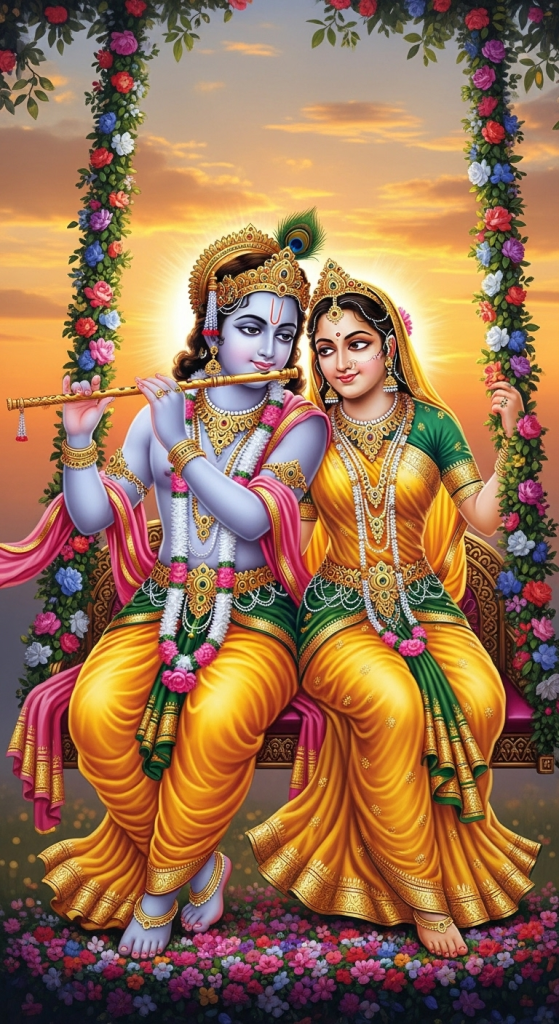 Radha Krishna sitting on swing at sunset, Krishna playing flute with divine love.