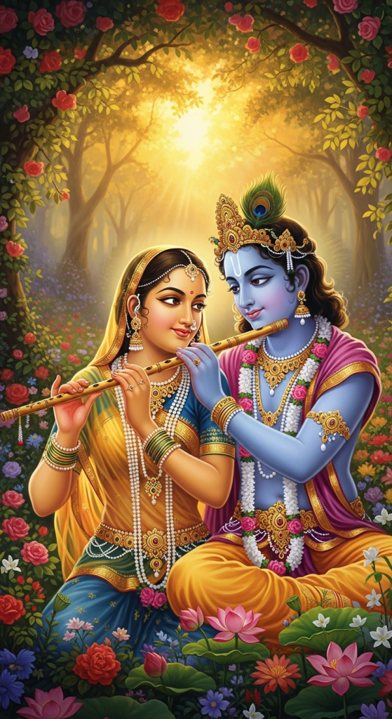 Radha Krishna sitting in flower garden, Krishna playing flute with divine love.