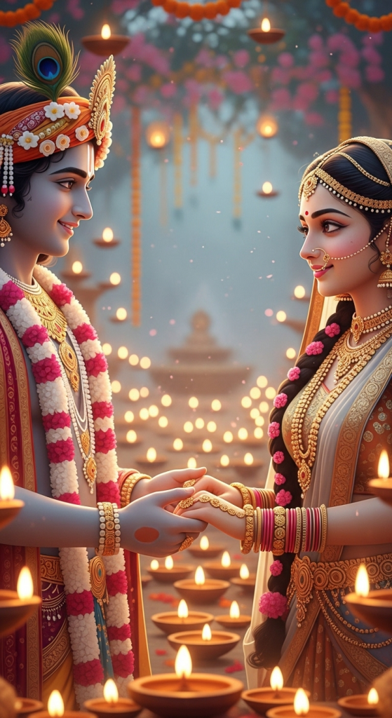 Radha Krishna holding hands surrounded by glowing diyas, symbolizing divine eternal love and devotion