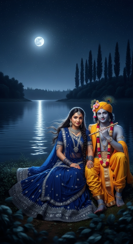 Radha Krishna sitting on riverbank under moonlight, sharing divine love and eternal bond