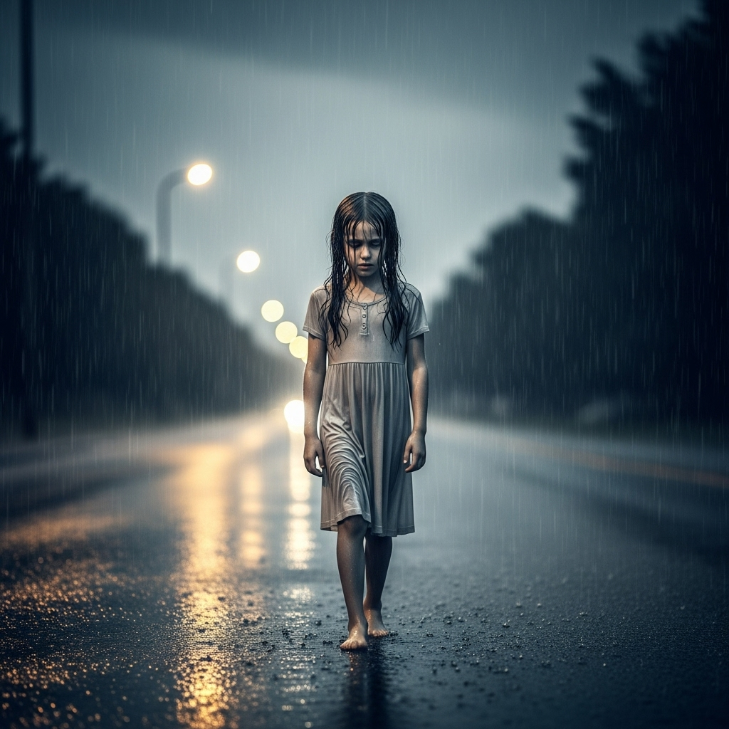 Young girl standing barefoot on rainy road at night, wet dress, lonely mood, illuminated by streetlights.