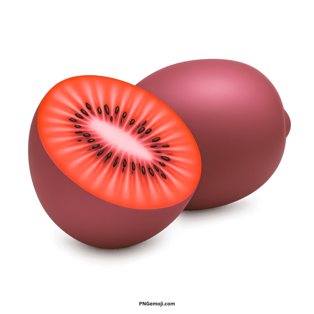 Red kiwi fruit PNG with sliced vibrant red flesh and smooth skin isolated background
