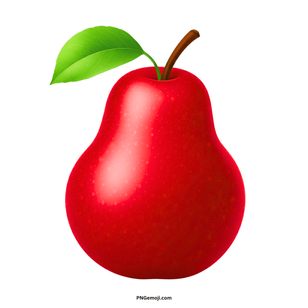 A vibrant red pear emoji with a shiny surface, green leaf, and brown stem on a black background.