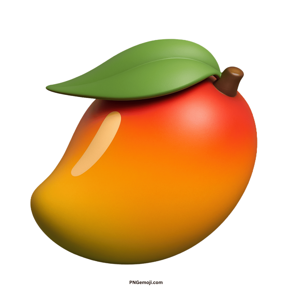 Ripe mango emoji 3D fruit icon with green leaf and glossy texture
