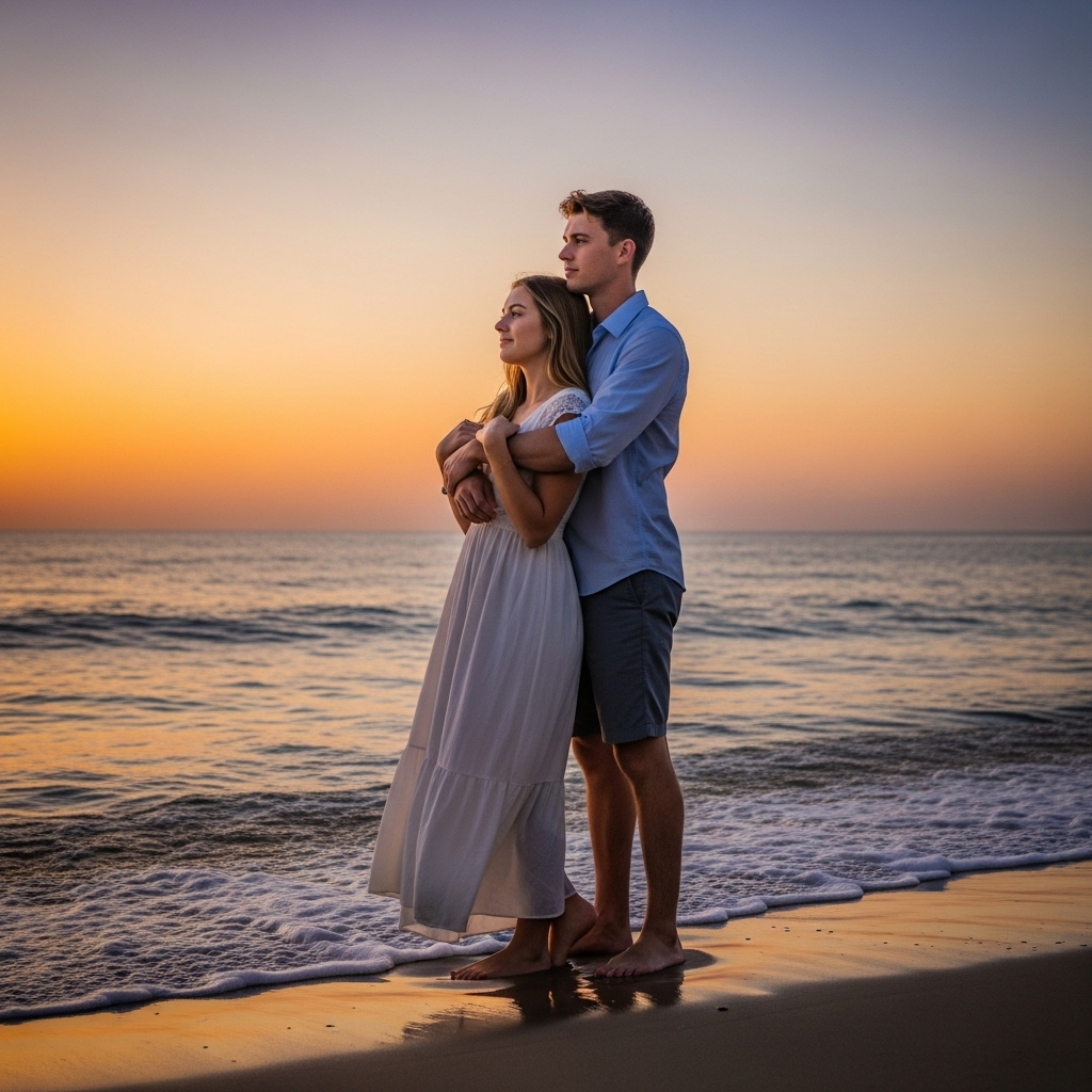 Romantic couple embracing on beach at sunset, wearing white dress and blue shirt, ocean waves in background.