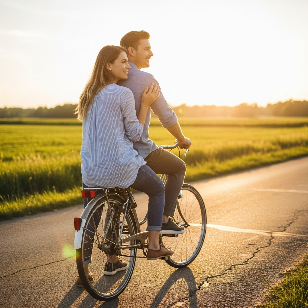 Smiling couple sharing bicycle ride through lush green fields at sunset.