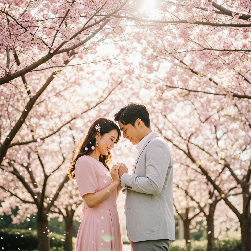 Romantic couple holding hands under blooming cherry blossom trees in spring sunlight with pink dress and gray suit.