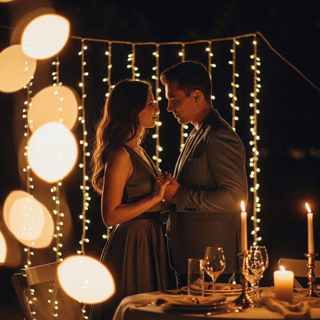 Romantic couple dancing under string lights at candlelit dinner table at night.