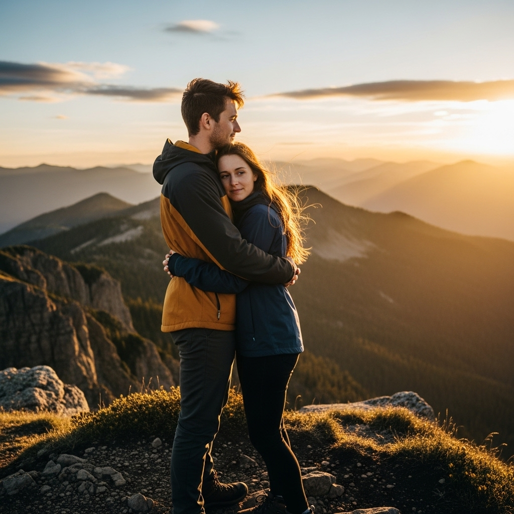 Couple hugging on rocky mountain peak overlooking sunset-lit ranges and valleys.
