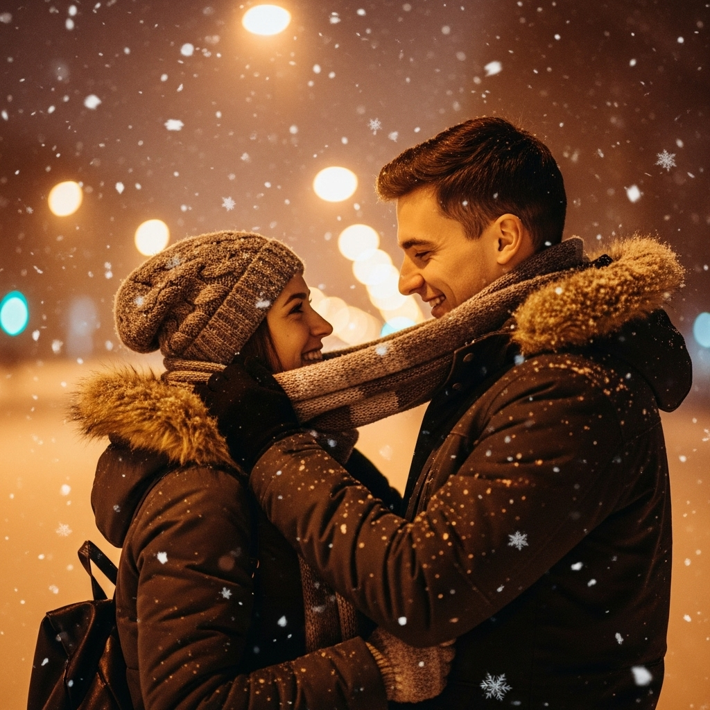 Smiling couple embracing in falling snow under glowing city lights at night.
