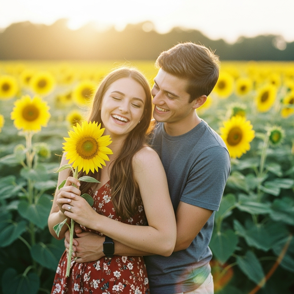 Joyful young couple embracing with sunflower in vast golden field at sunset.