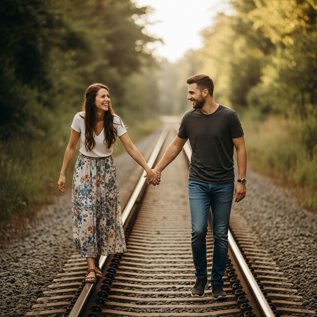 Smiling couple holding hands walking on railroad tracks in lush forest at sunset.