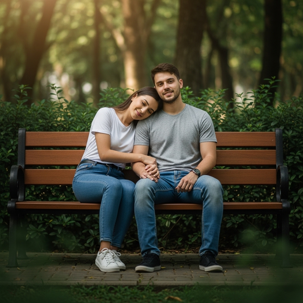 Romantic couple cuddling on park bench at sunset, wearing casual jeans and t-shirts, surrounded by greenery.