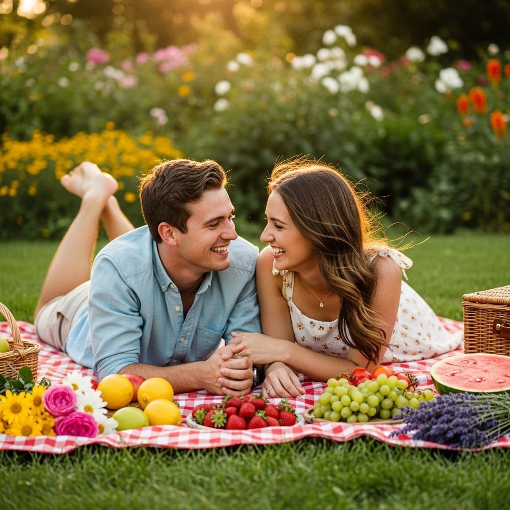 Romantic couple enjoying picnic with fresh fruits and flowers at sunset garden.