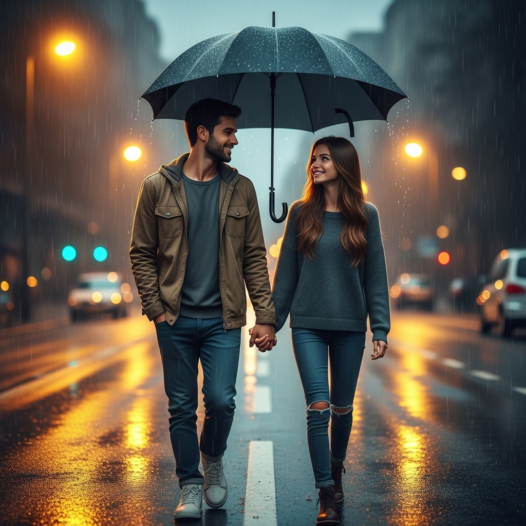 Romantic couple holding hands under umbrella in rainy city street at night with glowing lights.
