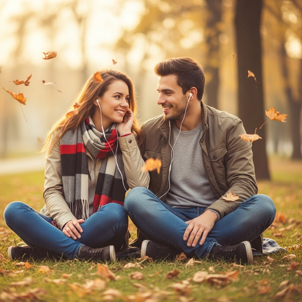 Smiling couple sharing earphones sitting on grass amid falling autumn leaves in park