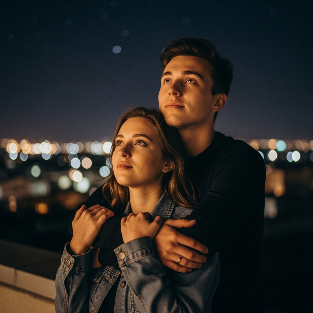 Romantic couple embracing while stargazing on rooftop at night with city lights below.