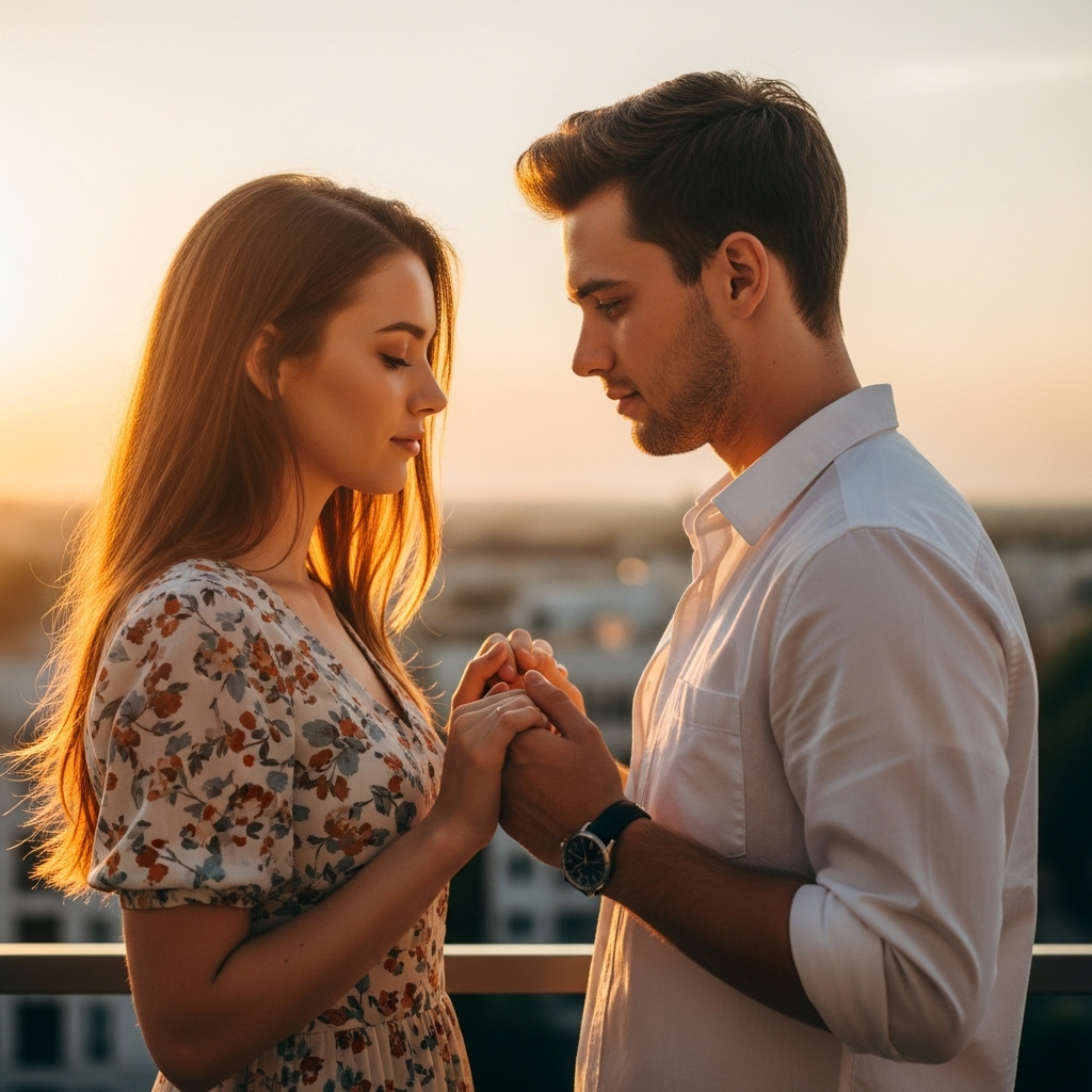 Romantic couple holding hands during sunset proposal on rooftop with city view, floral dress, white shirt.