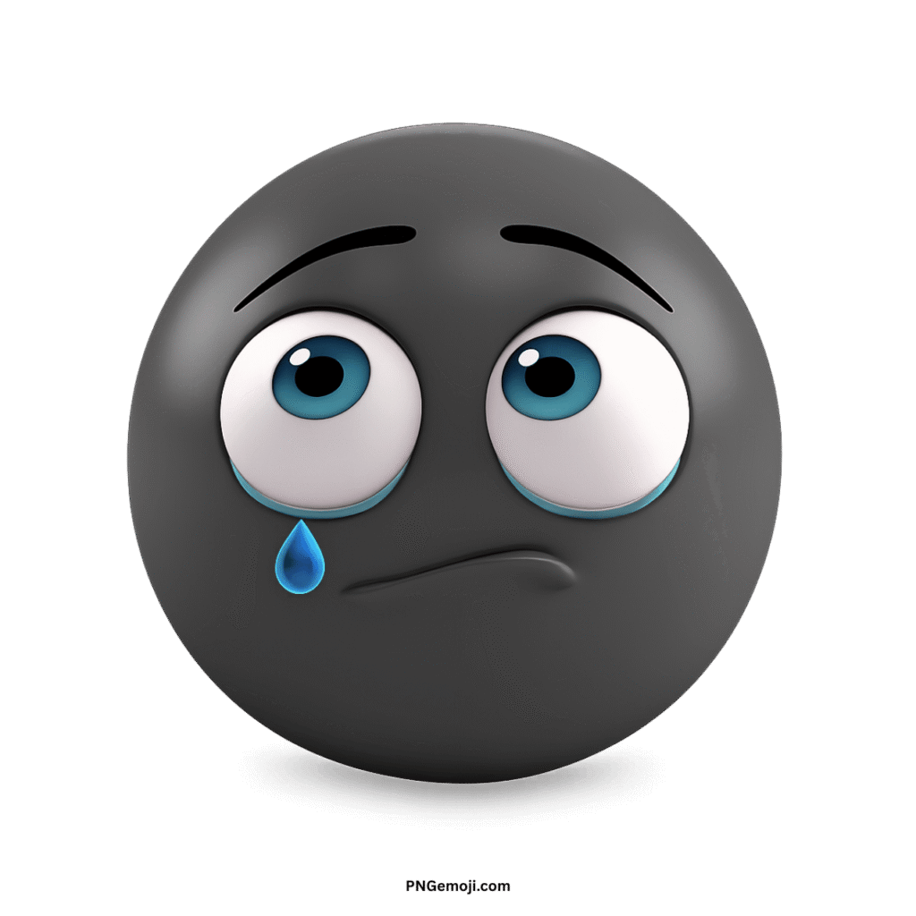 A sad grey emoji with bright blue eyes looking up and a single blue tear on a black background.