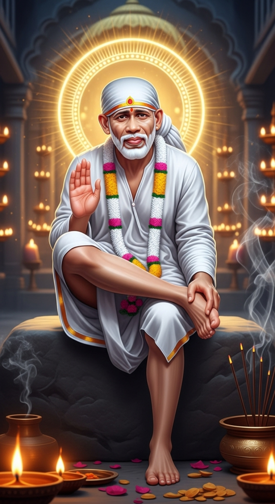 Sai Baba HD wallpaper showing divine blessings in Shirdi temple with spiritual aura
