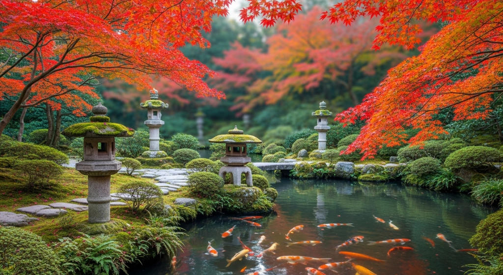 Japanese garden with koi pond, stone lanterns, autumn maple trees, and serene landscape