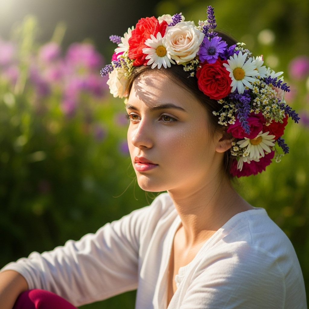 Thoughtful young woman with vibrant flower crown in lush garden sunlight.