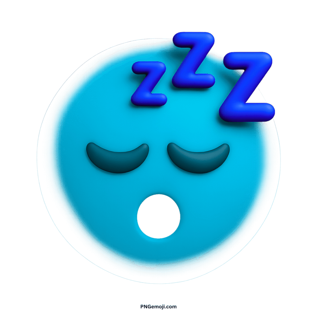 A soothing 3D cyan sleepy face emoji with blue Zzz, on a black background.