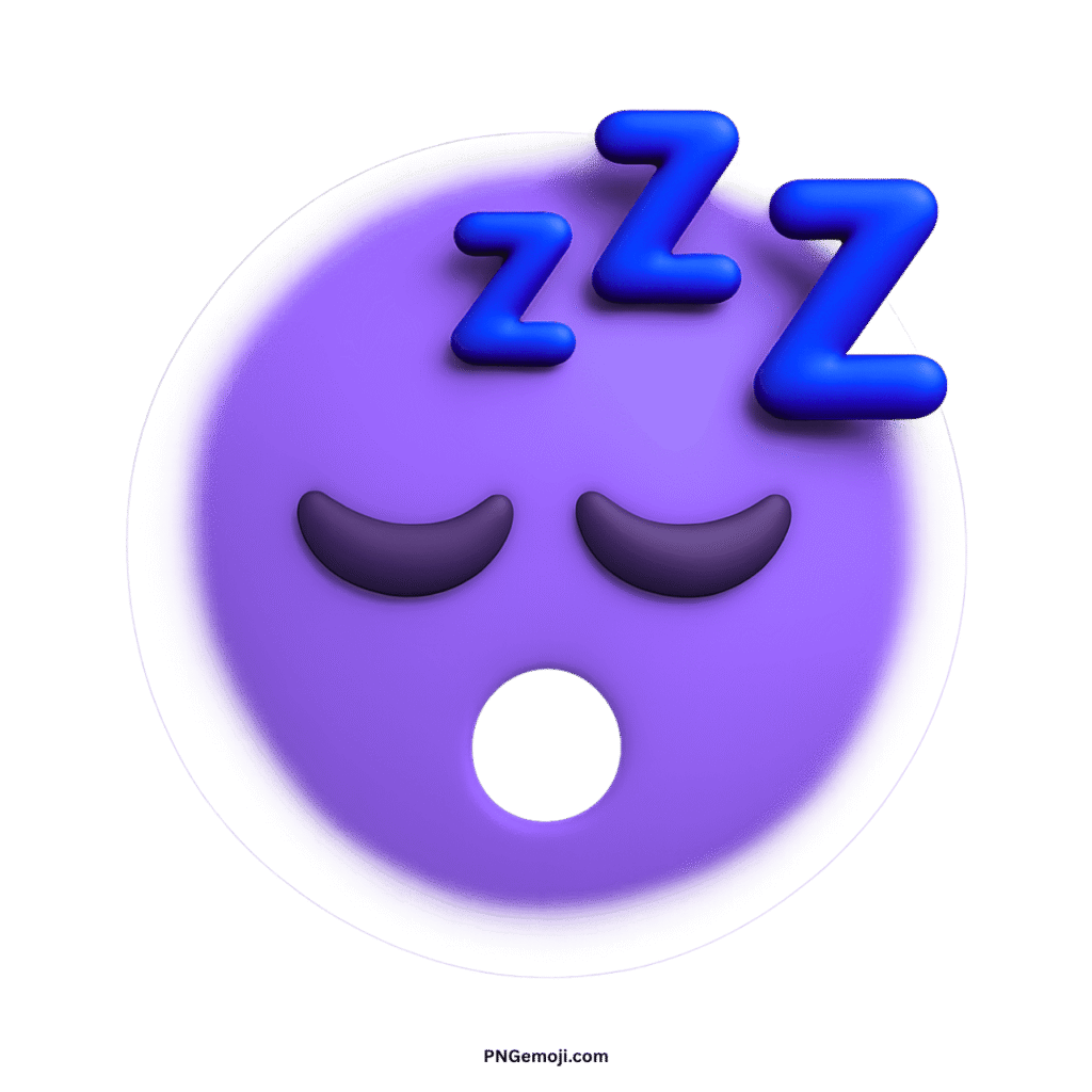 A dreamy 3D purple sleepy face emoji with blue Zzz, on a black background.