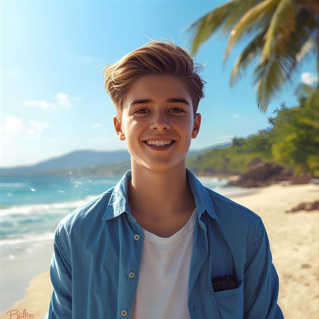 Smiling young man standing on tropical beach wearing casual summer outfit under sunny sky