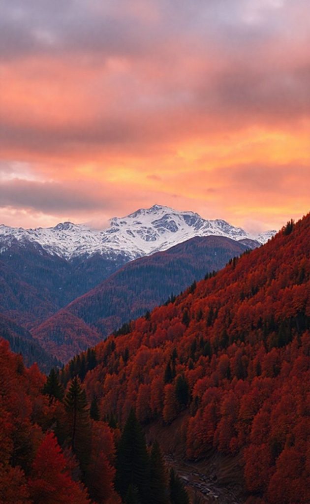 Snow-covered mountains with autumn forest under vibrant orange sunset sky scenic landscape